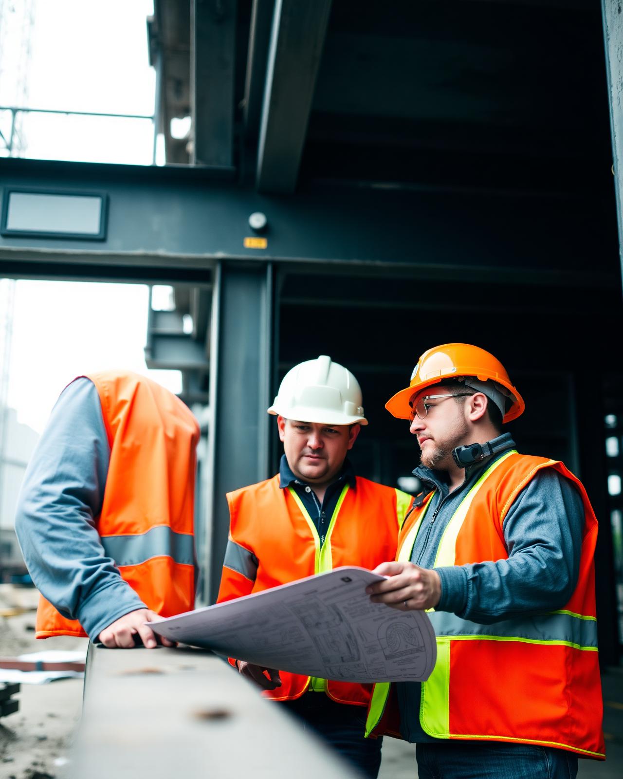 Two superintendents reviewing blueprints on site