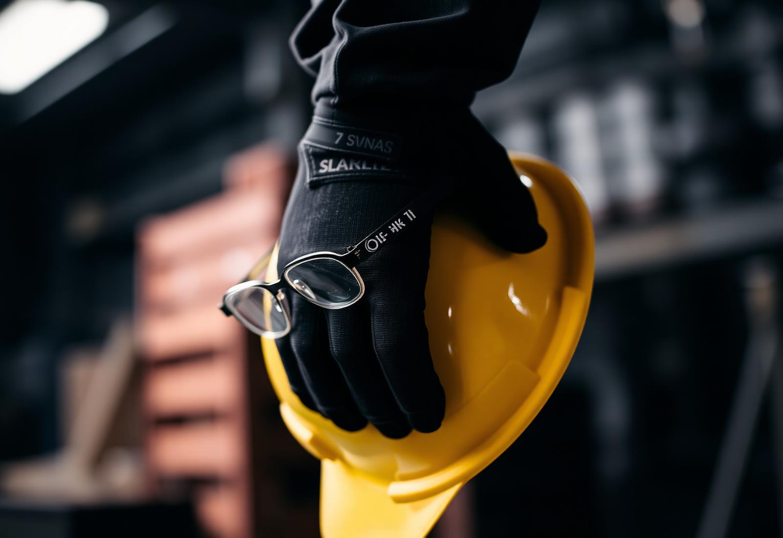 Worker holding a hardhat and safety glasses